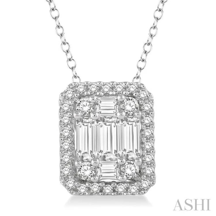 3/4 Ctw Octagonal Baguette & Round Cut Diamond Pendant With Box Chain in 14K White Gold