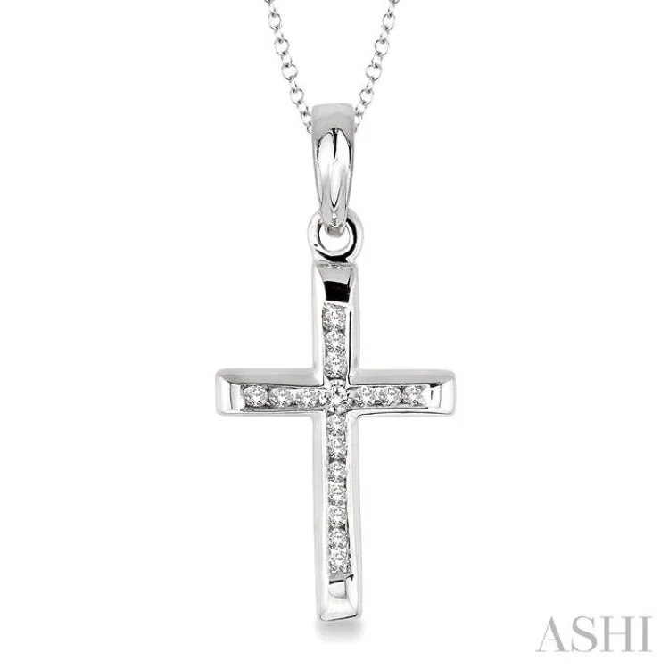 1/10 Ctw Round Cut Diamond Channel Cross Pendant in Sterling Silver with Chain