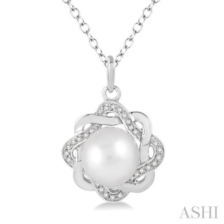 6.5x6.5 MM Cultured White Pearl and 1/10 Ctw Round Cut Diamond Pendant in Sterling Silver with Chain