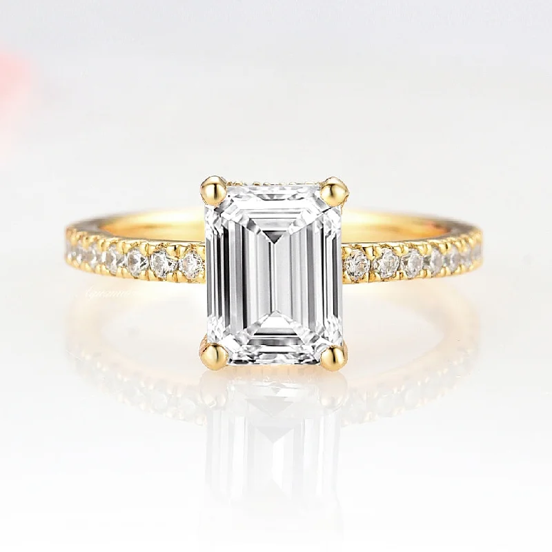 1.5CT Emerald Cut Moissanite Engagement Ring- 14K Solid Yellow Gold