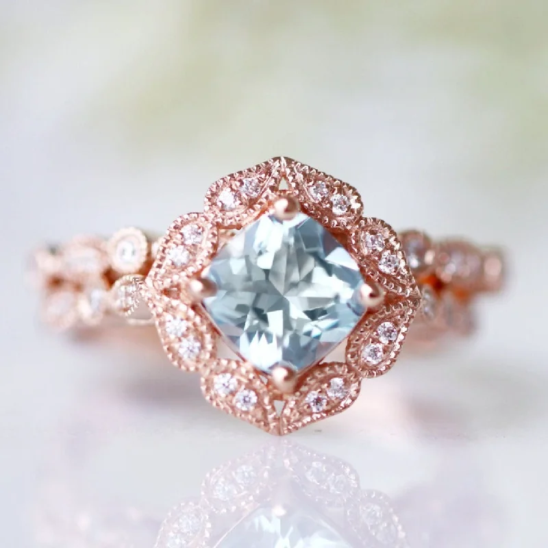 Luxe Aquamarine Engagement Ring- 10K/14K/18K Solid Rose Gold