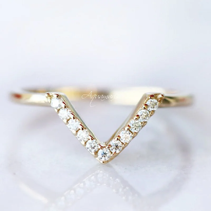 Petite Chevron Diamond Wedding Band- 14K Solid Yellow Gold