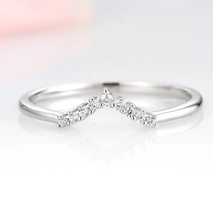 Petite Chevron Diamond Wedding Band- 14K White Gold