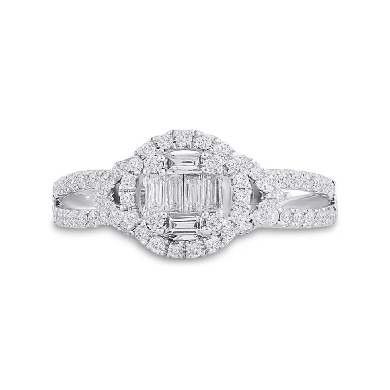 14kt White Gold Womens Baguette Diamond Halo Ring 3/4 Cttw