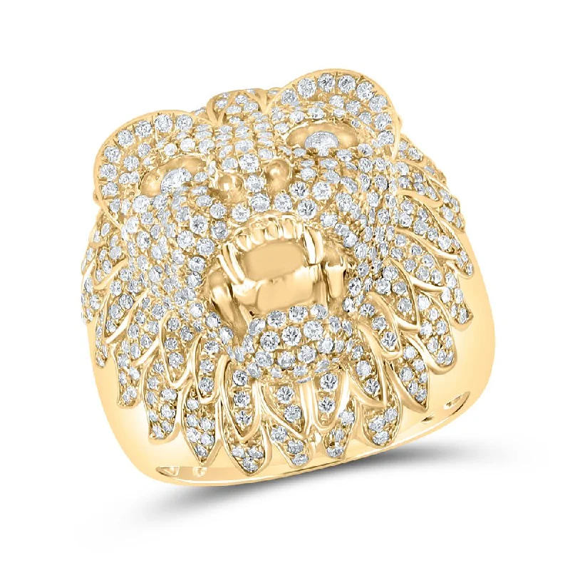 14kt Yellow Gold Mens Round Diamond Lion Head Animal Ring 2-3/4 Cttw