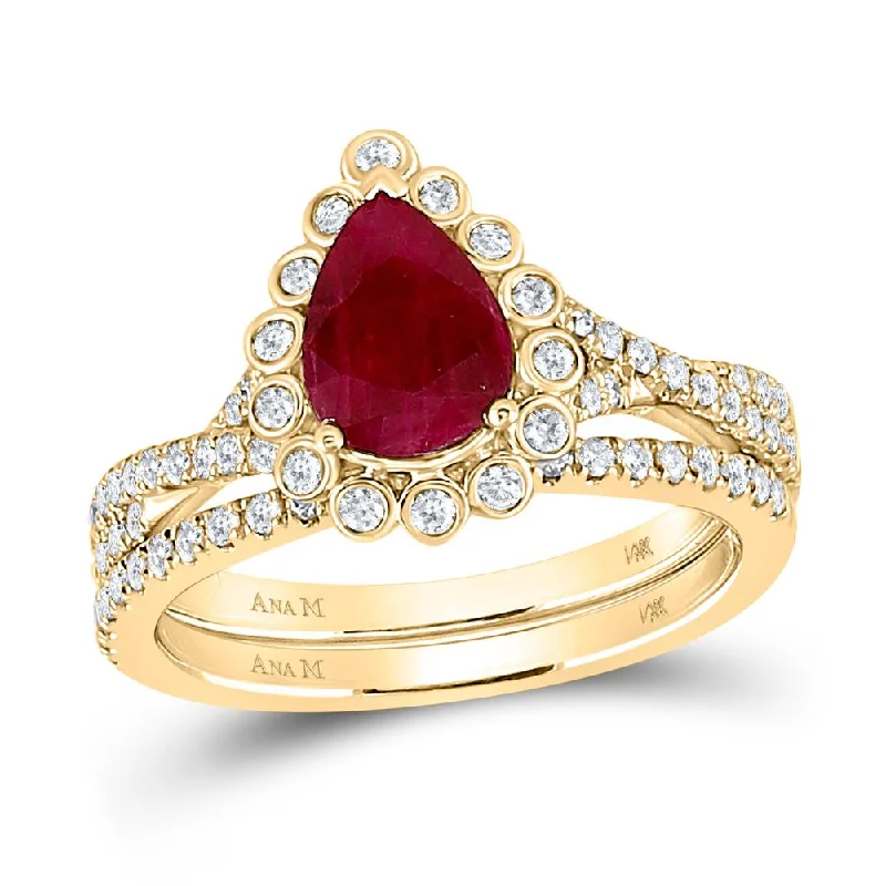 14kt Yellow Gold Pear Ruby Solitaire Bridal Wedding Ring Band Set 1-7/8 Cttw