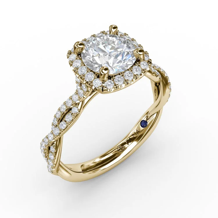 Classic Cushion Diamond Halo Engagement Ring With Cathedral Twist Diamond Band