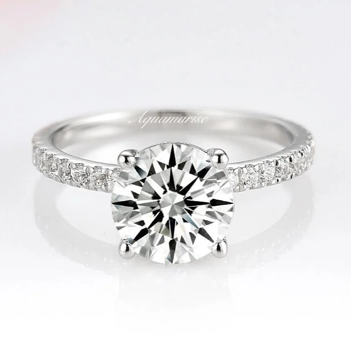 2CT Classic Round Brilliant Cut Moissanite Engagement Ring- 14K White Gold