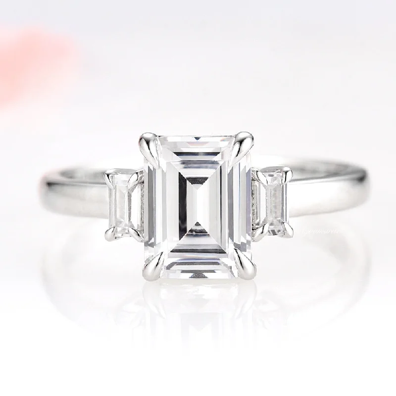 Emerald Cut Moissanite Engagement Ring- 14K White Gold