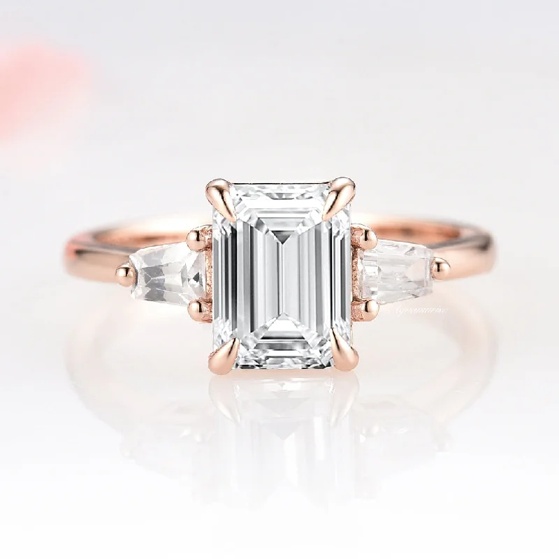 Emerald Cut Moissanite Engagement Ring- 14K Solid Rose Gold