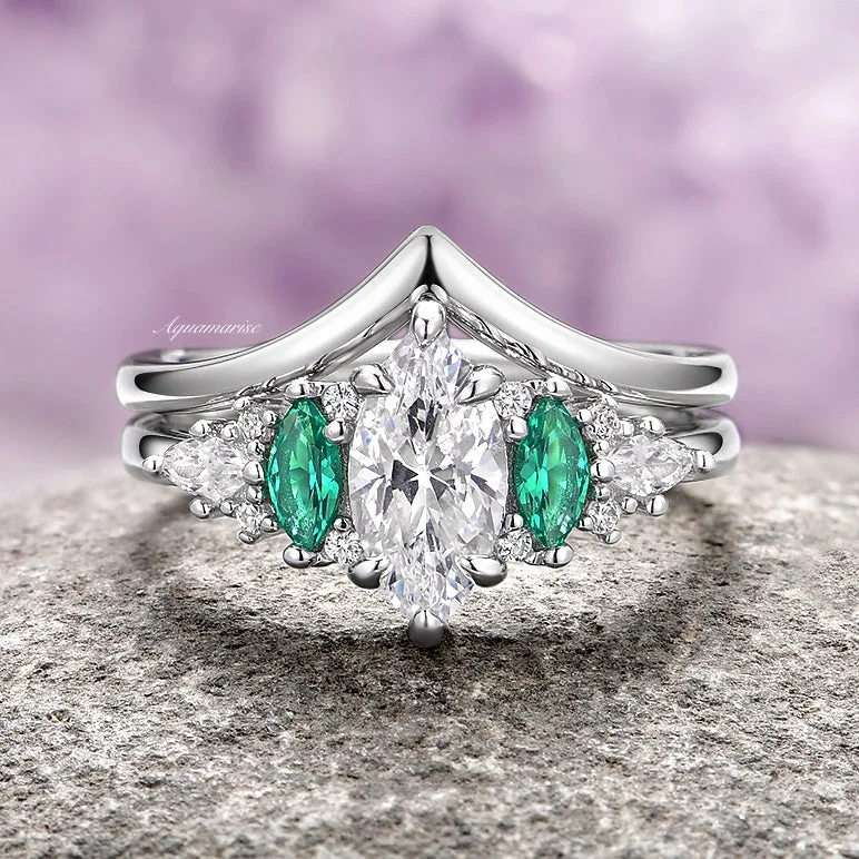 Emerie Moissanite Diamond & Emerald Engagement Ring Set- 14K White Gold