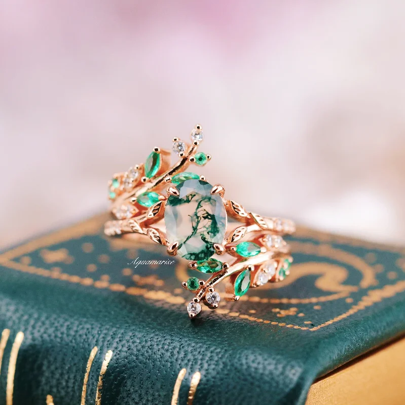 Moss Agate & Emerald Fairy Leaf Ring- 14K Rose Gold Vermeil