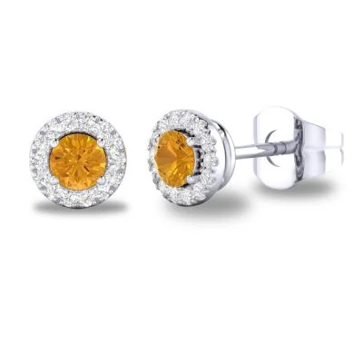 14K W Gold 0.10cttw Diamond 0.30cttw Citrine Round Halo Earrings