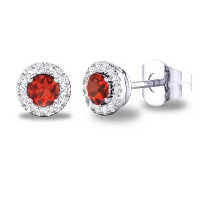 14K W Gold 0.10cttw Diamond 0.30cttw Garnet Round Halo Earrings