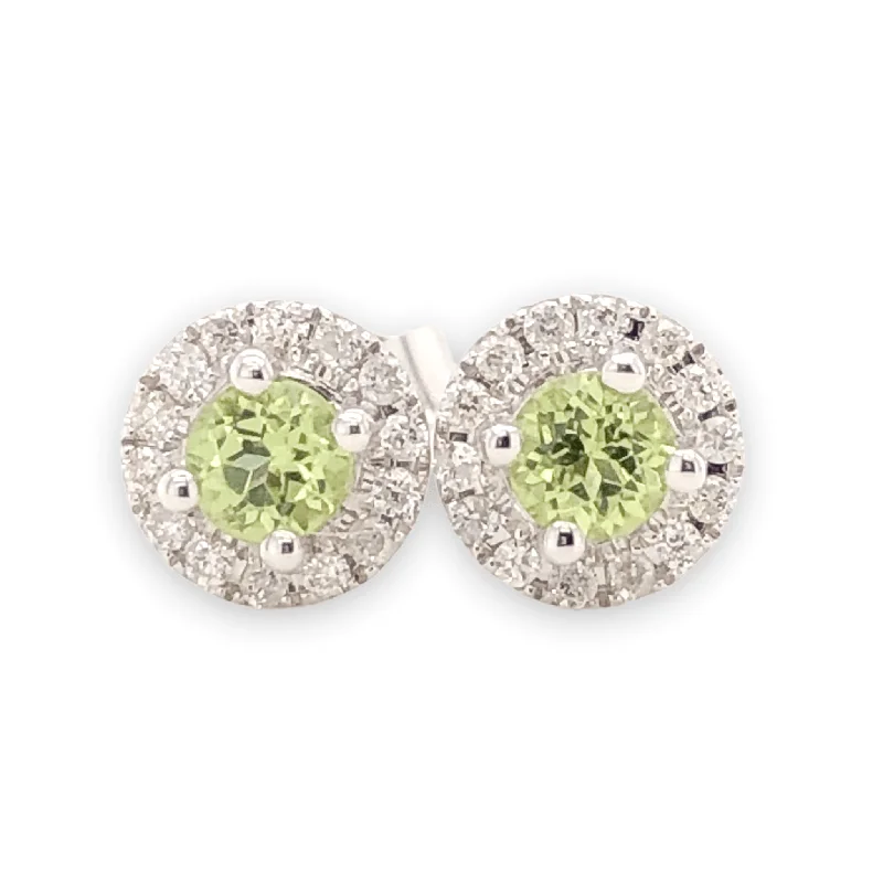 14K W Gold 0.10cttw Diamond 0.30cttw Peridot Round Halo Earrings