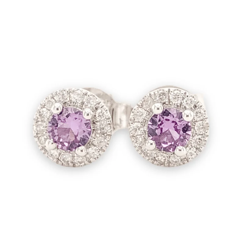 14K W Gold 0.10cttw Diamond 0.30cttw Pink Lab-Created Alexandrite Halo Earrings