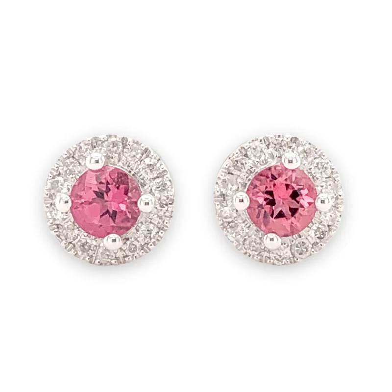 14K W Gold 0.10cttw Diamond 0.30cttw Pink Tourmaline Round Halo Earrings