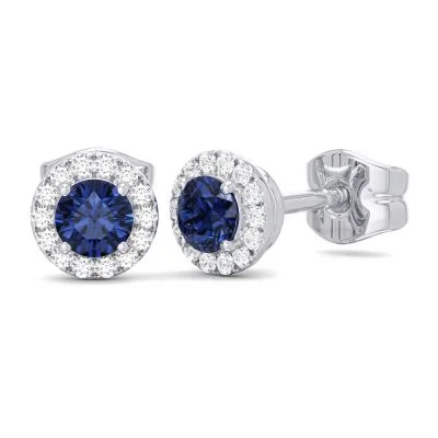 14K W Gold 0.10ctw Diamond 0.30ctw Blue Sapphire Round Halo Earrings