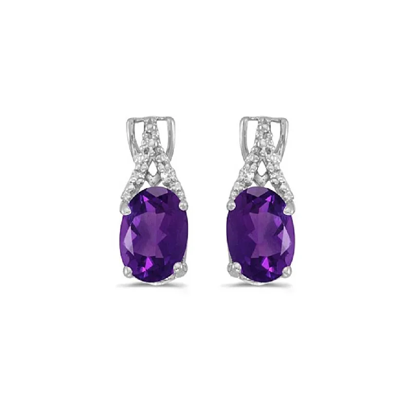 14k White Gold Oval Amethyst And Diamond Earrings