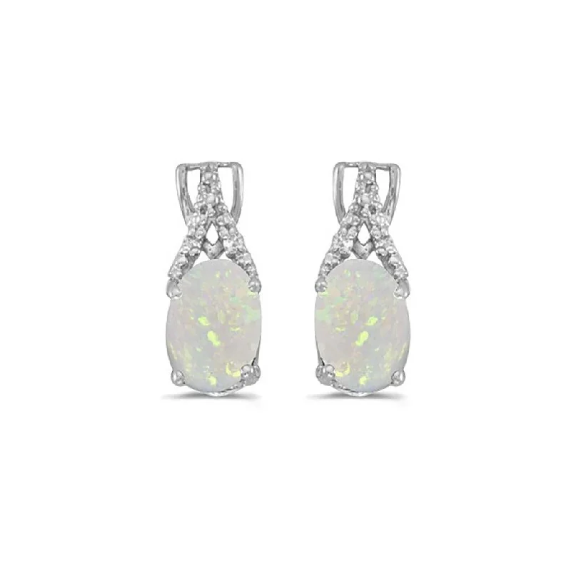 14k White Gold Oval Opal And Diamond Earrings