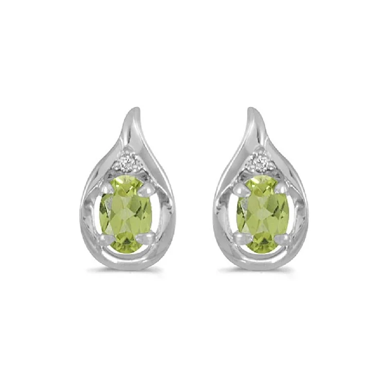 14k White Gold Oval Peridot And Diamond Earrings