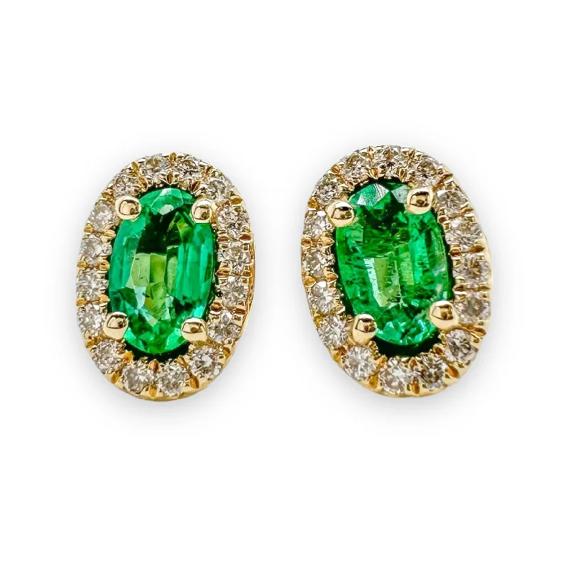 14K Y Gold 0.35 Emerald and 0.12ctw Halo Diamond Earrings