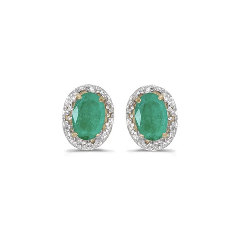 14k Yellow Gold Oval Emerald And Diamond Earrings