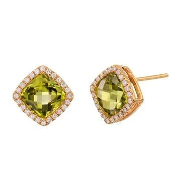 14K Y Gold Square 4ctw Peridot and 0.26cttw Diamond Earrings