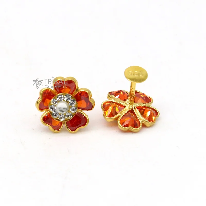 14kt yellow gold handmade fabulous orange Stone excellent vintage flower design stud earrings pair unisex jewelry er174