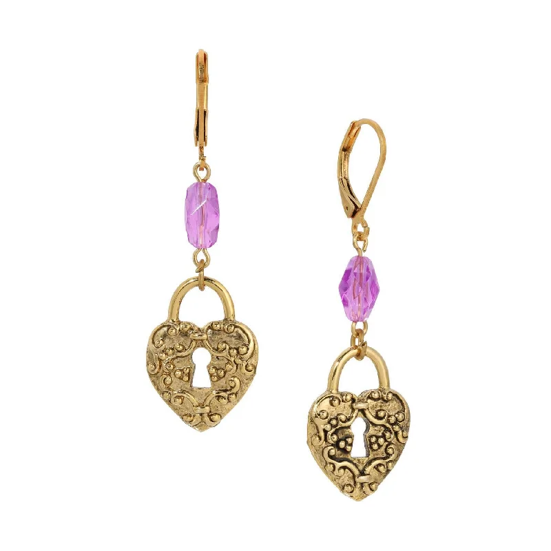 1928 Jewelry Amethyst Enigma Heart Padlock Dangling Earrings