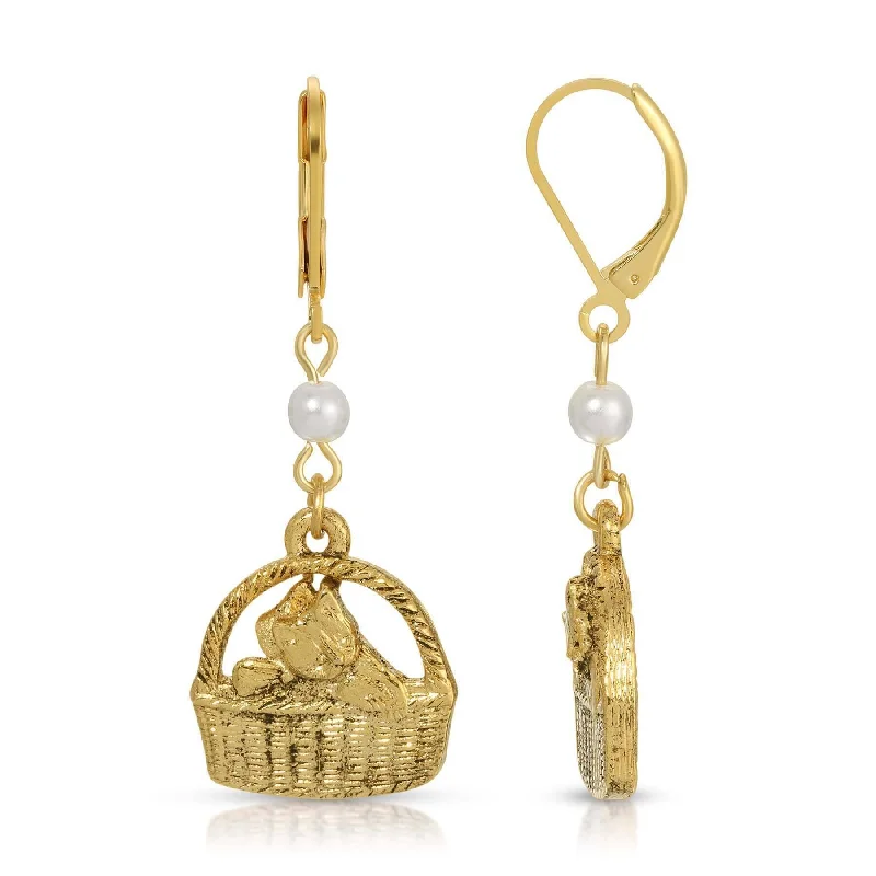 1928 Jewelry Faux Pearl Gold Cat In Handbasket Dangling Earrings