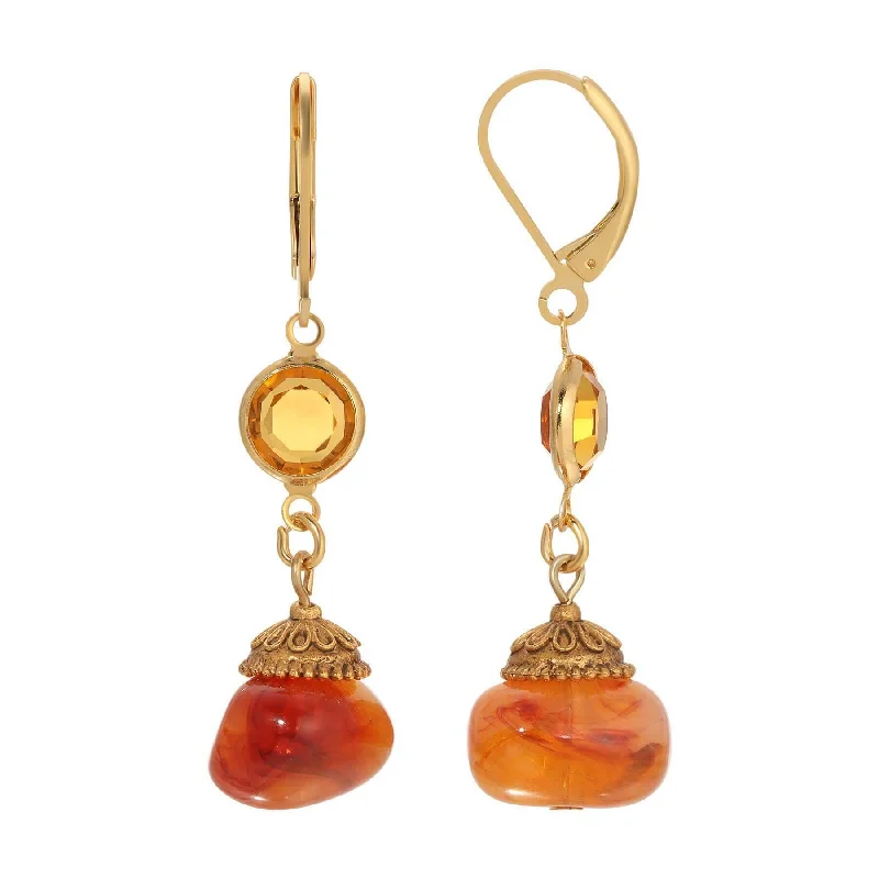 1928 Jewelry Marble Effect Carnelian Beads & Topaz Channel Crystals Dangling Earrings