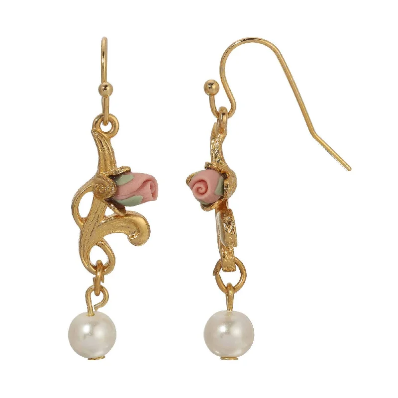 1928 Jewelry Pink Porcelain Rose Bud & Faux Pearl Dangling Earrings