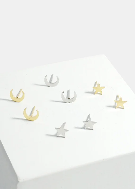 2-Pair Star & Moon Stud Earrings