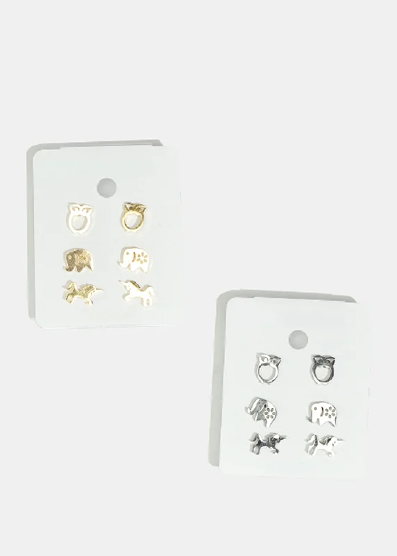 3-Pair Animal Stud Earrings