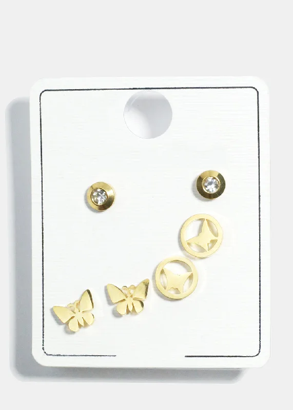 3 Pair Butterfly Stud Earring Set