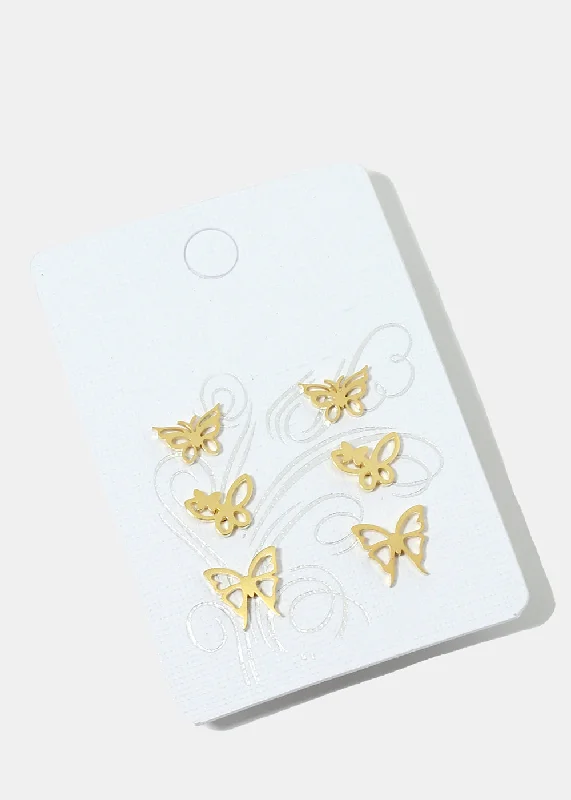 3-Pair Butterfly Stud Earrings