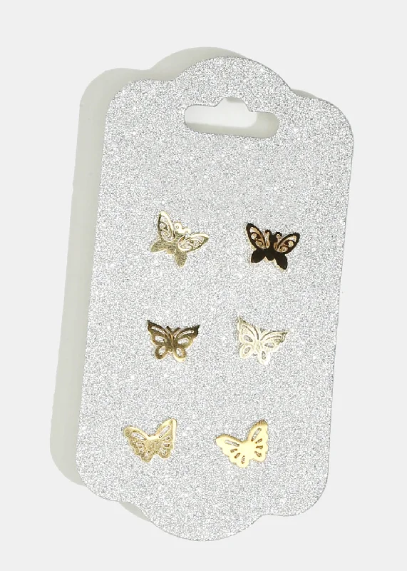 3-Pair Butterfly Stud Earrings