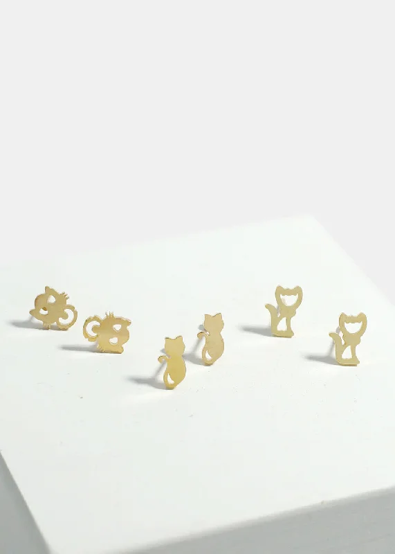 3-Pair Cats Stud Earrings Set