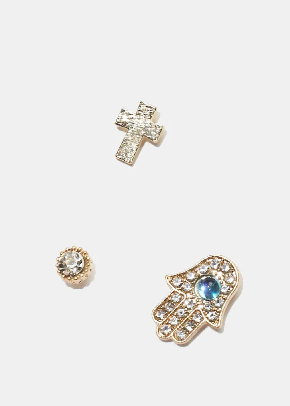 3-Pair Cross & Hamsa Hand Stud Earrings