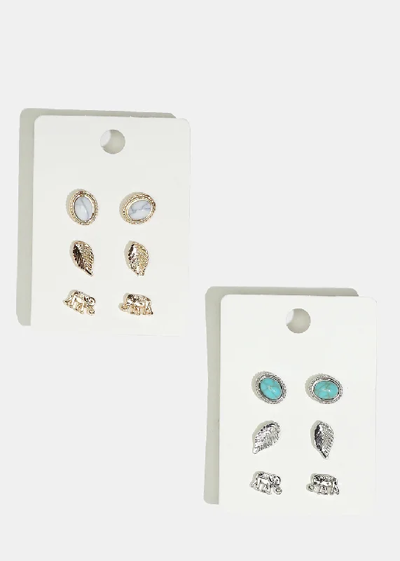 3-Pair Elephant & Leaf Stud Earrings