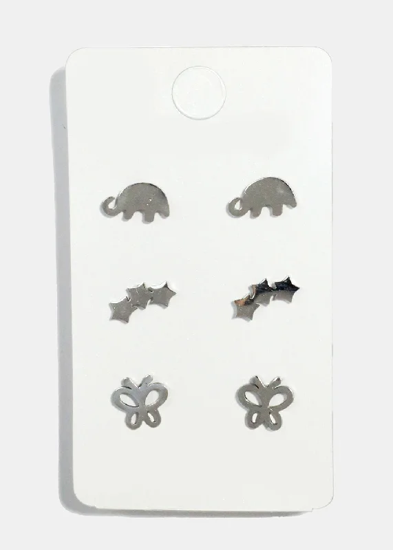 3-Pair Elephant, Star & Butterfly Stud Earrings