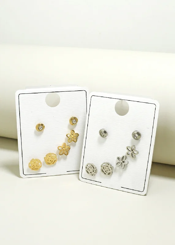 3-Pair Flower & Rose Stud Earrings