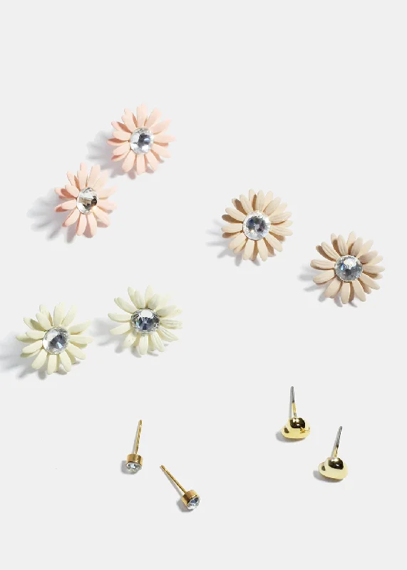 3 Pair Flower Stud Earrings