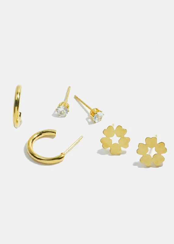 3-Pair Flower Stud & Hoop Earrings