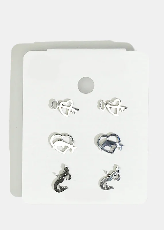 3-Pair Heart & Dolphin Stud Earrings