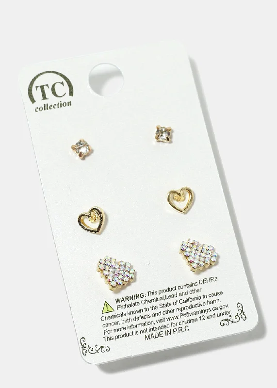 3-Pair Heart Stud Earrings