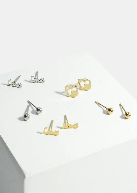 3-Pair "LOVE" & Heart Stud Earrings