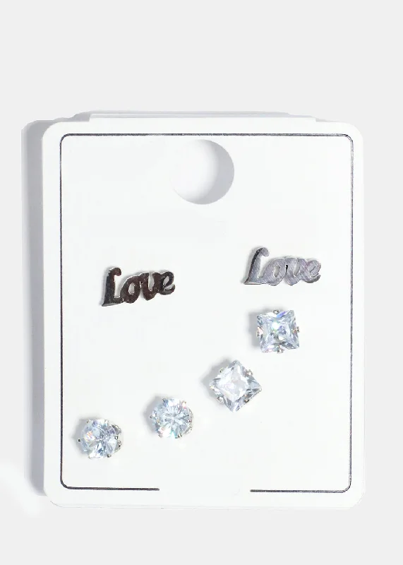 3 Pair "LOVE" & Rhinestone Stud Earrings