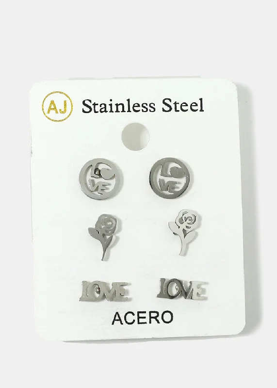 3-Pair "LOVE" & Rose Stud Earrings